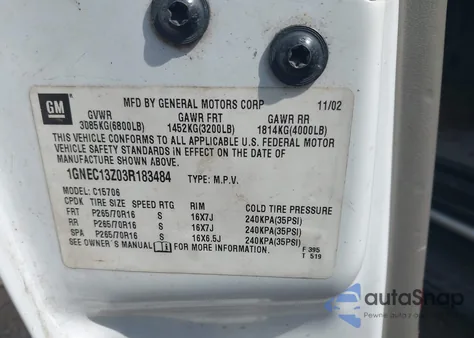 2003 Chevrolet Tahoe Lt из США, поврежденный, VIN 1GNEC13Z03R183484